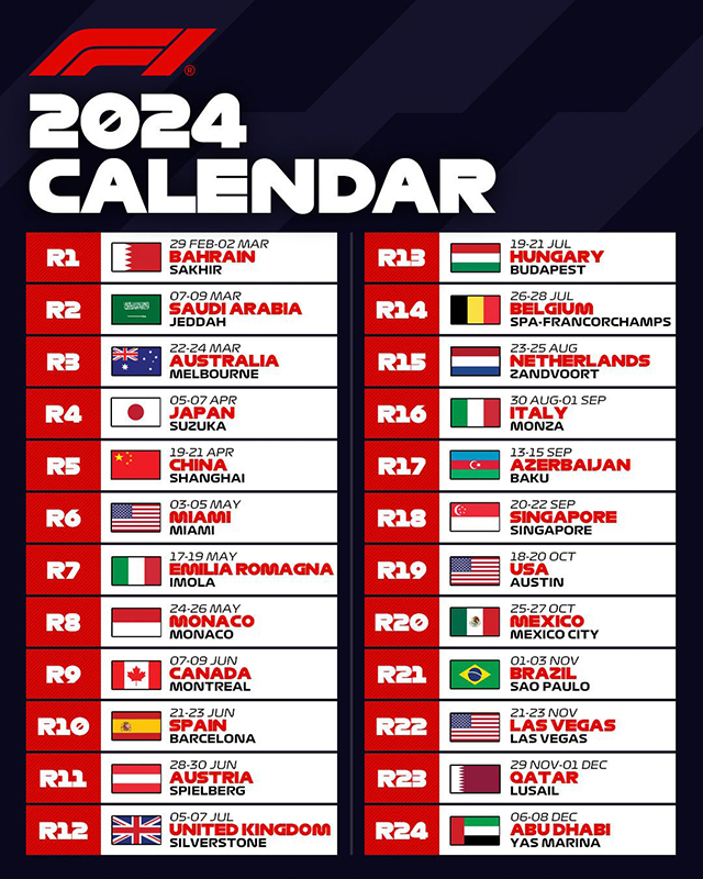 Kalendář Formule 1 pro sezónu 2024