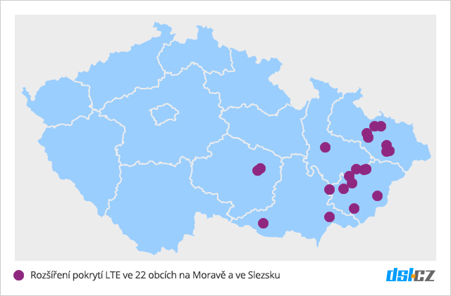 Pokrytí LTE T-Mobilem v září 2016 na Moravě a ve Slezsku