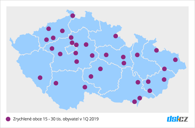 Mapa pokrytí zrychlených obcí 15 - 30 tis obyvatel za 1Q 2019