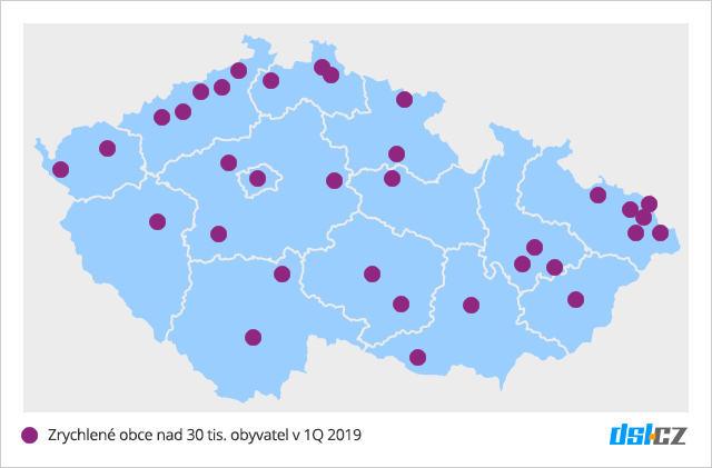 Mapa pokrytí zrychlených obcí nad 30 tis obyvatel za 1Q 2019