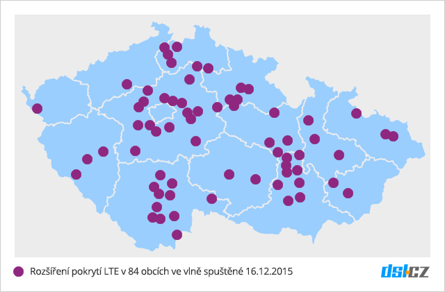 Mapa nového pokrytí LTE v síti O2 - 16. prosinec 2015 - 84 obcí