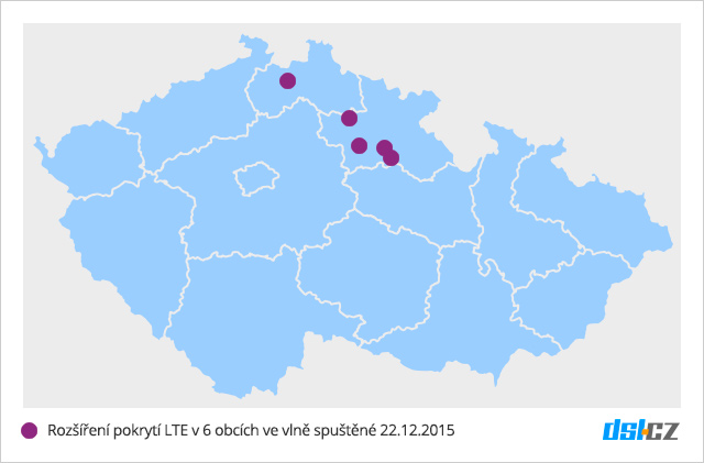 Mapa nového pokrytí LTE v síti O2 - 22. prosinec 2015 - 6 obcí