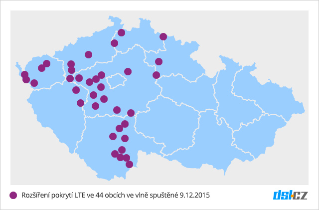 Mapa nového pokrytí LTE v síti O2 - 9. prosinec 2015 - 44 obcí