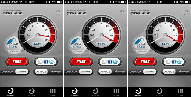 Naměřené rychlosti pomocí aplikace DSL.cz u BTS T-Mobile